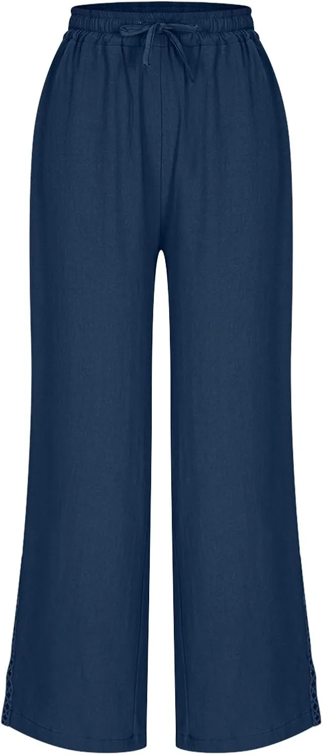 Womens Linen Pants,Drawstring Wide Leg Pants Woman Elastic Waist Summer Business Casual Beach Work Palazzo Trousers