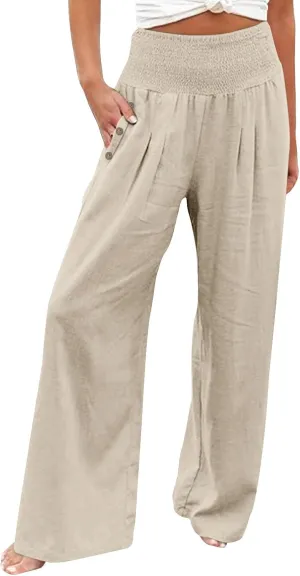 Womens Linen Summer Casual Flowy Pant Trousers High Waist Long Lounge Loose Fit Palazzo Lounge Pants Office
