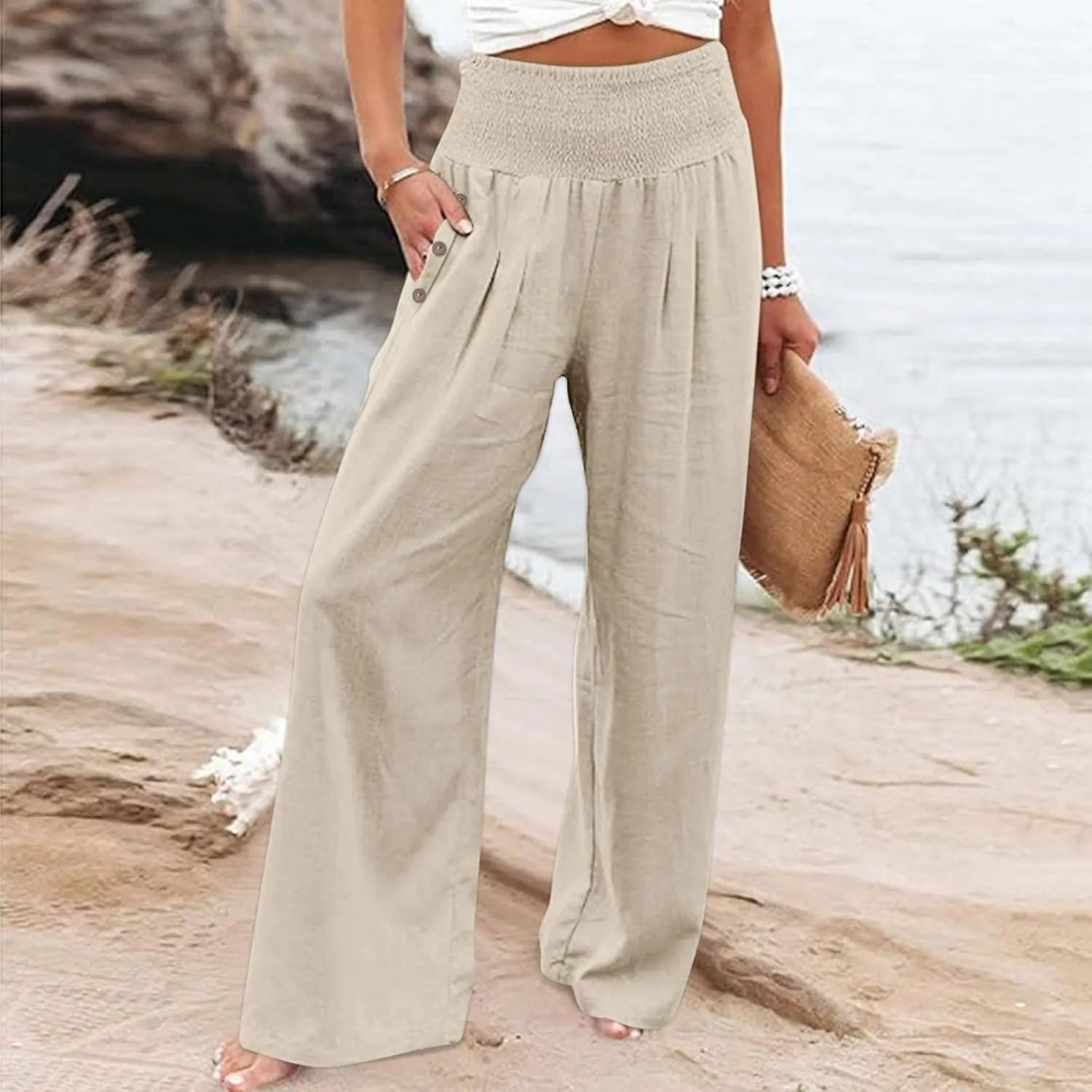 Womens Linen Summer Casual Flowy Pant Trousers High Waist Long Lounge Loose Fit Palazzo Lounge Pants Office