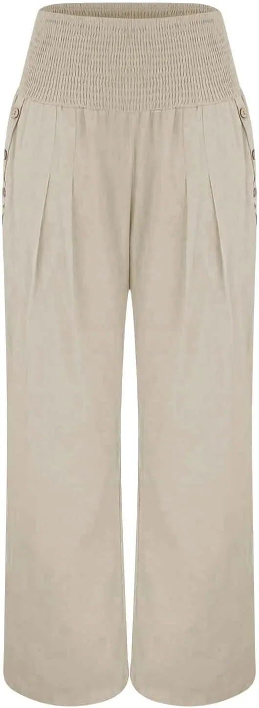 Womens Linen Summer Casual Flowy Pant Trousers High Waist Long Lounge Loose Fit Palazzo Lounge Pants Office