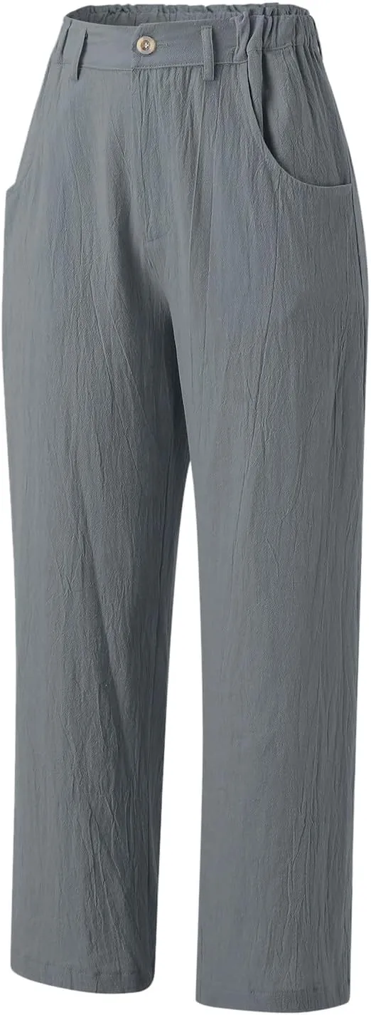 Women's Linen Summer Drawstring Pants High Waist Wide Leg Plus Size Trousers Travel