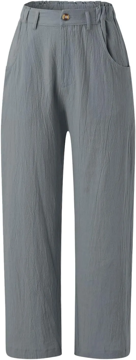 Women's Linen Summer Drawstring Pants High Waist Wide Leg Plus Size Trousers Travel