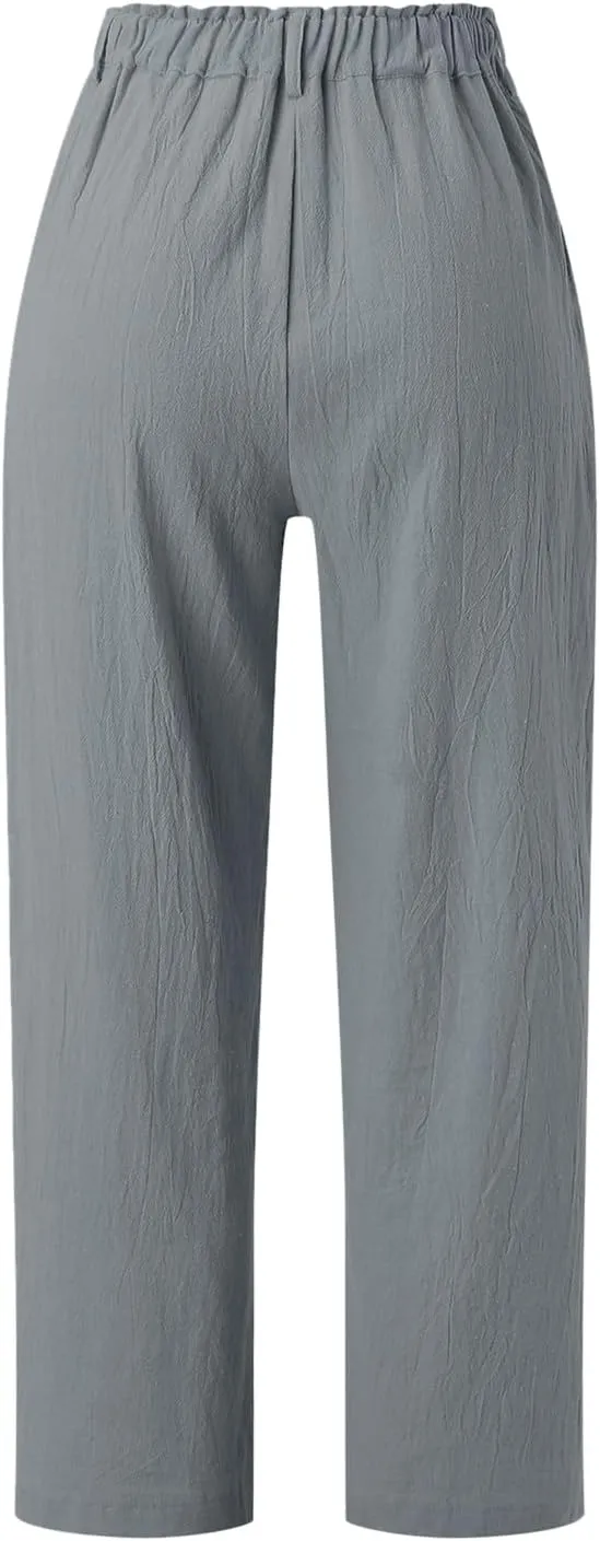 Women's Linen Summer Drawstring Pants High Waist Wide Leg Plus Size Trousers Travel