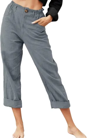Women's Linen Summer Drawstring Pants High Waist Wide Leg Plus Size Trousers Travel