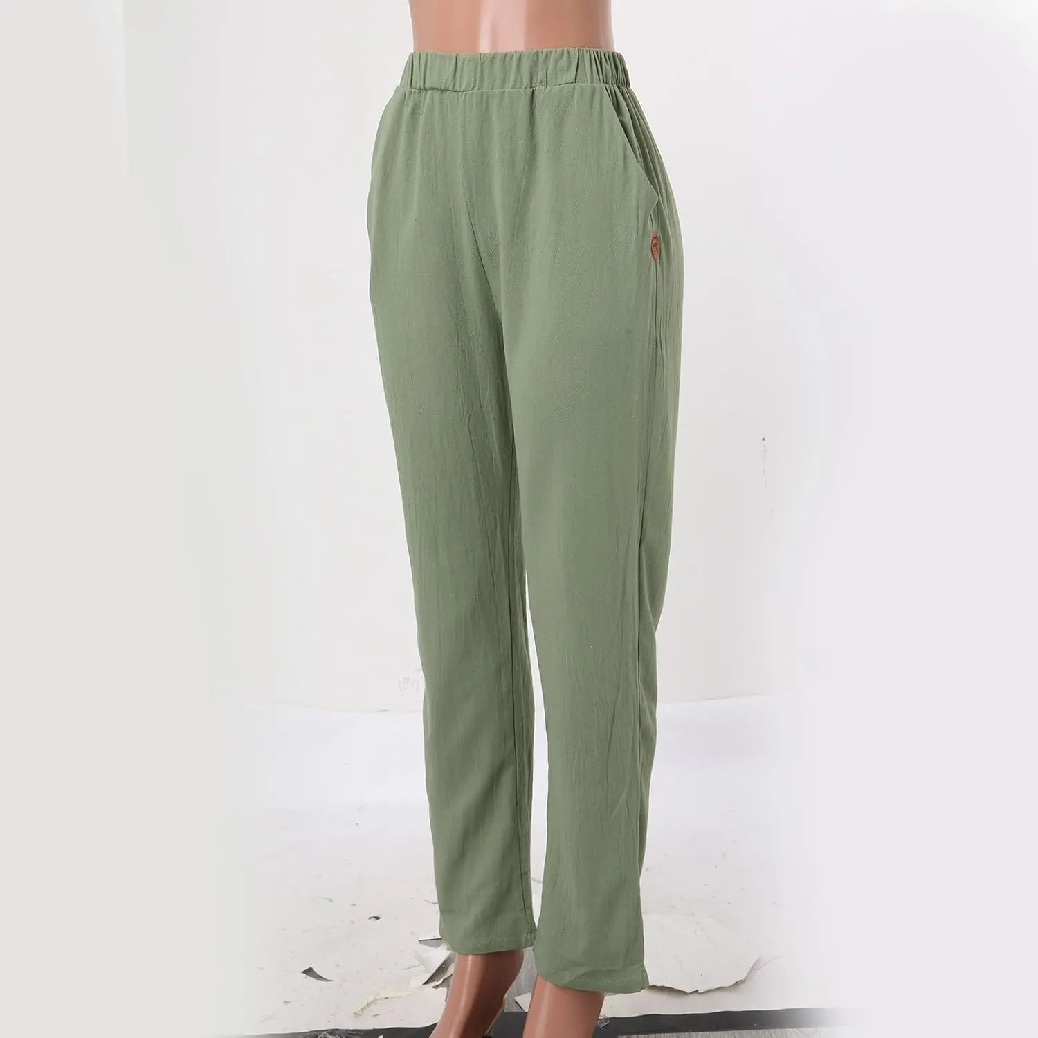 Women's Linen Summer Floral Pant Trousers Elastic Waist Wide Leg Slim-Fit Palazzo Pants Work Business