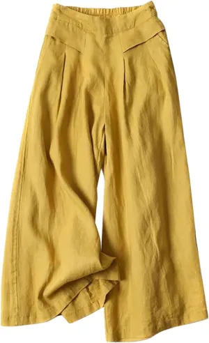 Womens Linen Summer Printed Palazzo Lounge Pants High Waist Stretchy Loose Fit Trousers Work Business