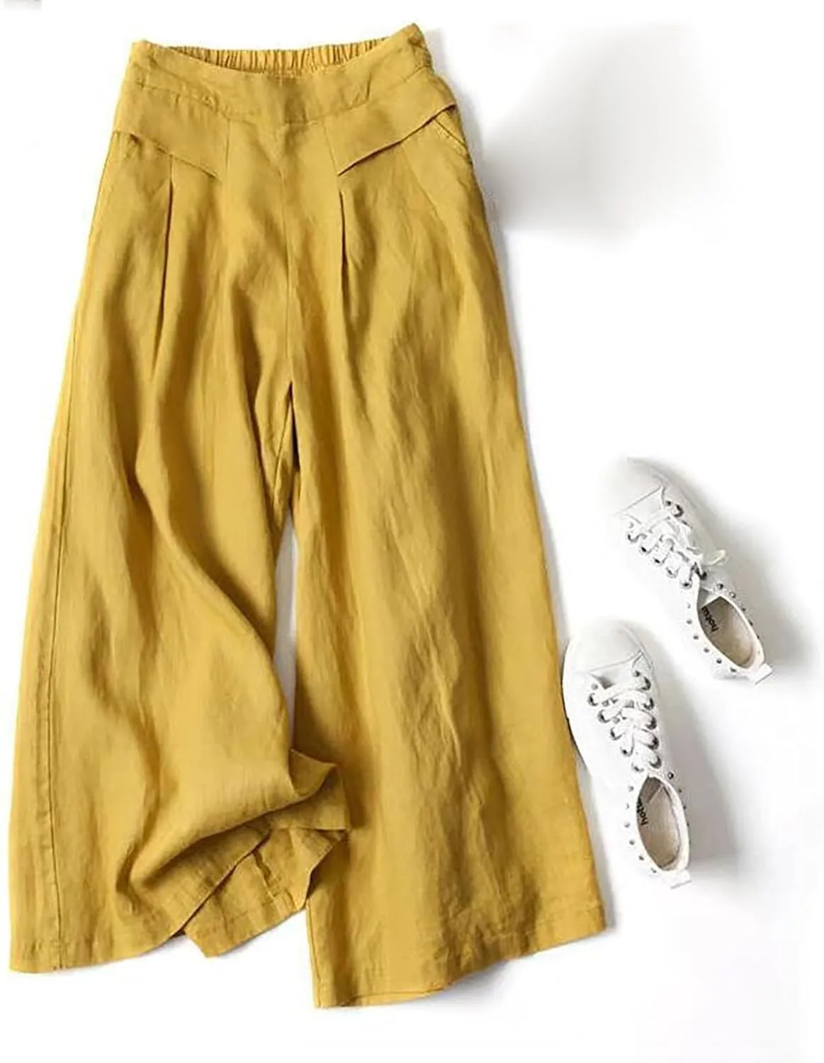 Womens Linen Summer Printed Palazzo Lounge Pants High Waist Stretchy Loose Fit Trousers Work Business