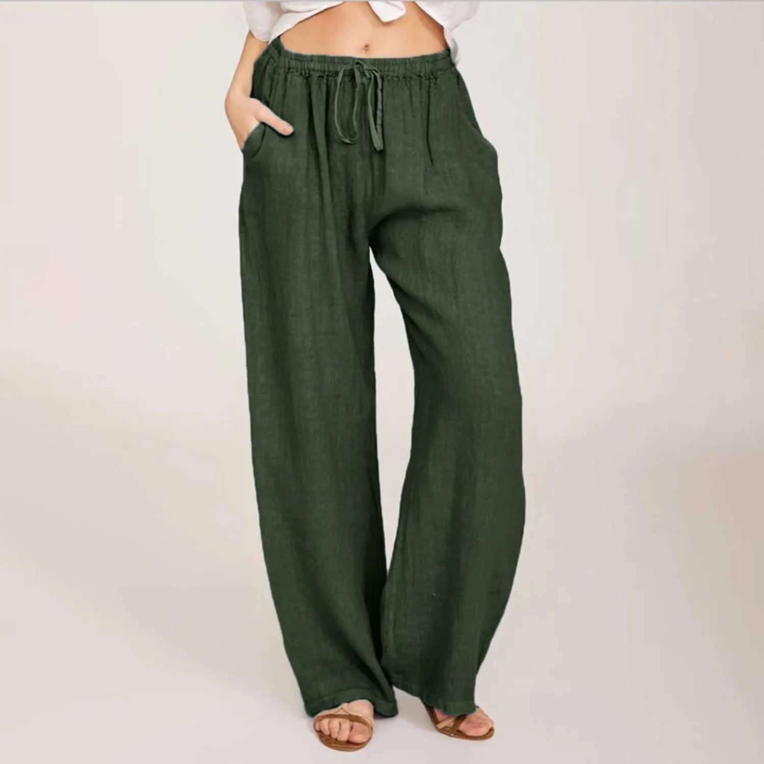Womens Linen Summer Printed Pants Elastic Waist Stretchy Straight Loose Fit Pant Trousers Vacation