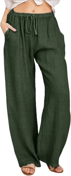 Womens Linen Summer Printed Pants Elastic Waist Stretchy Straight Loose Fit Pant Trousers Vacation
