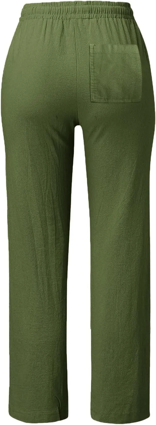 Womens Linen Summer Pull On Palazzo Lounge Pants High Waist Ankle Length Loose Fit Pants Work Business