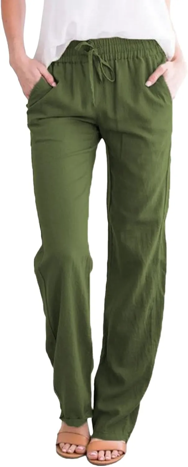Womens Linen Summer Pull On Palazzo Lounge Pants High Waist Ankle Length Loose Fit Pants Work Business