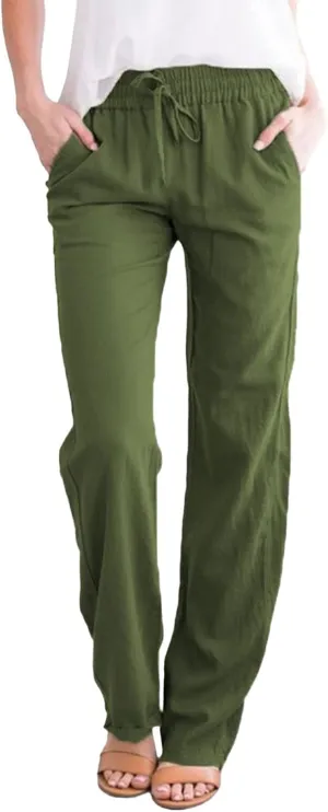Womens Linen Summer Pull On Palazzo Lounge Pants High Waist Ankle Length Loose Fit Pants Work Business