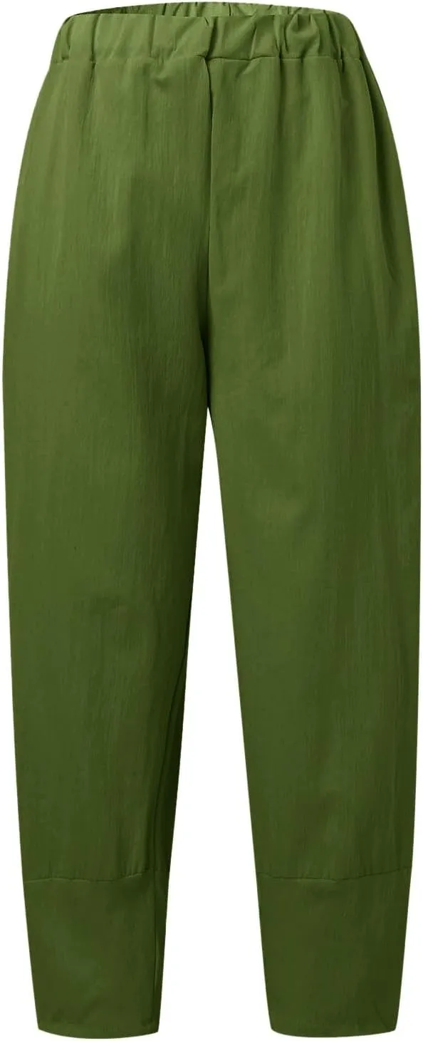 Women's Linen Summer Solid Palazzo Lounge Pants Low Waist Wide Leg Plus Size Trousers Travel