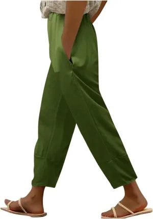 Women's Linen Summer Solid Palazzo Lounge Pants Low Waist Wide Leg Plus Size Trousers Travel