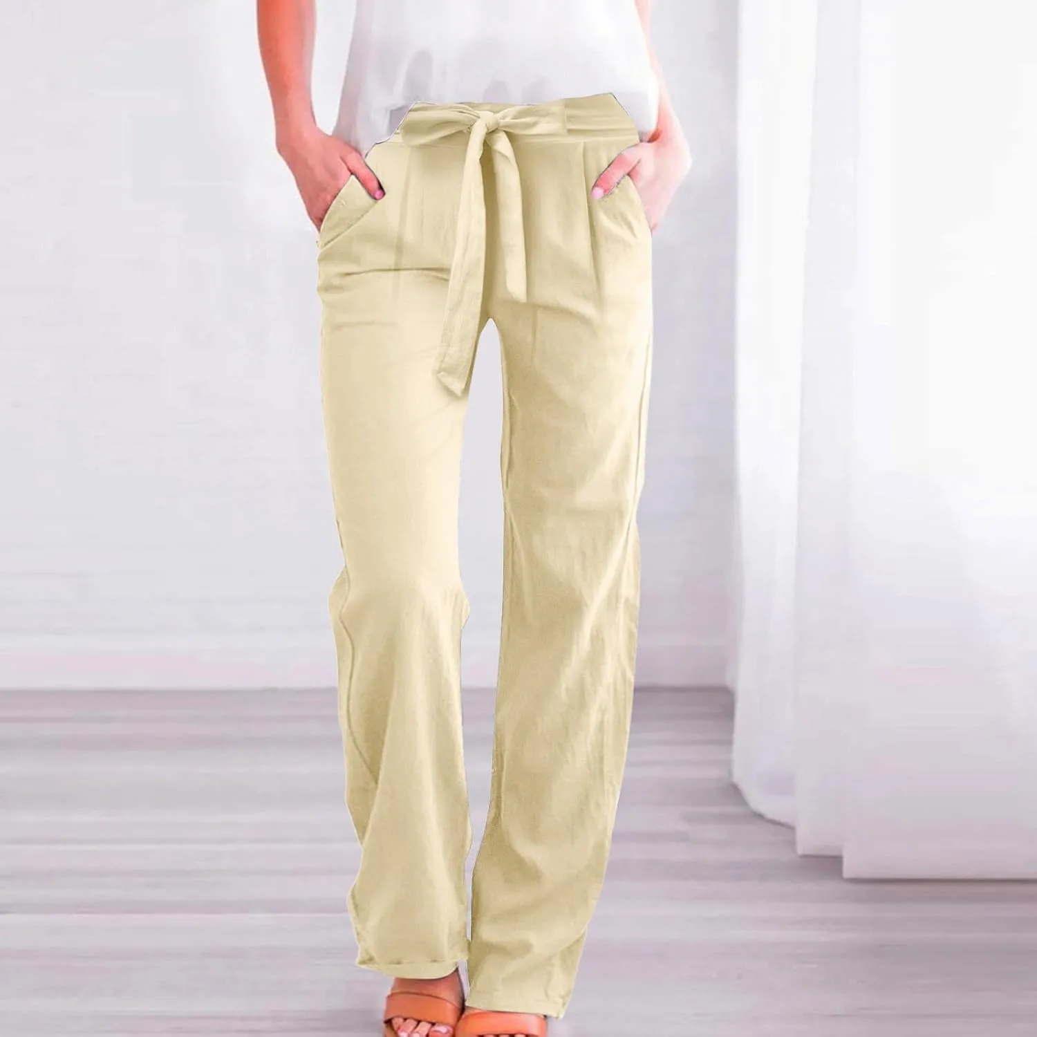 Womens Linen Summer Striped Pant Trousers Elastic Waist Wide Leg Slim-Fit Palazzo Lounge Pants Trendy