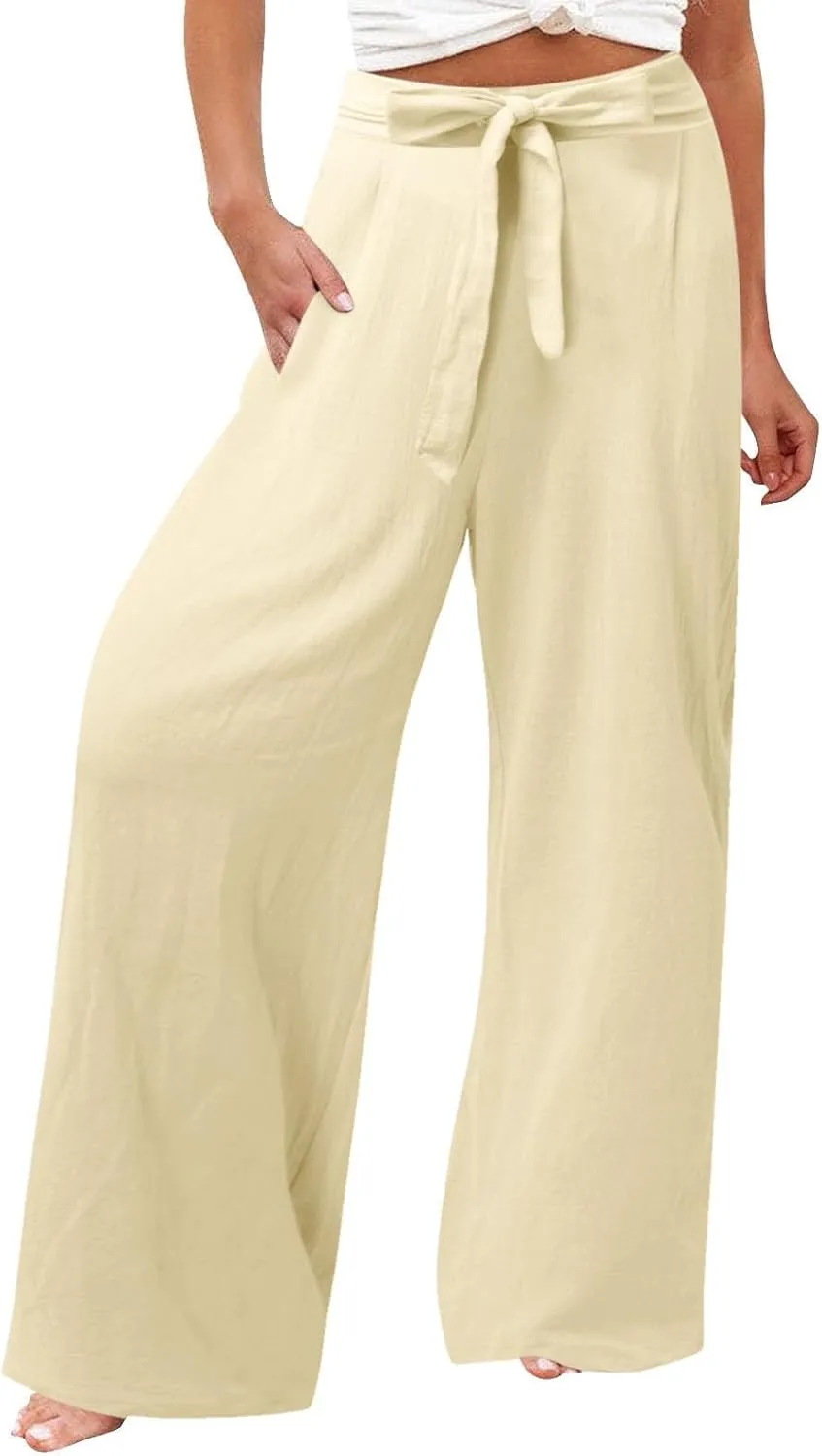 Womens Linen Summer Striped Pant Trousers Elastic Waist Wide Leg Slim-Fit Palazzo Lounge Pants Trendy