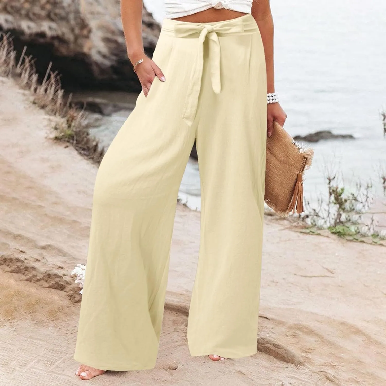 Womens Linen Summer Striped Pant Trousers Elastic Waist Wide Leg Slim-Fit Palazzo Lounge Pants Trendy