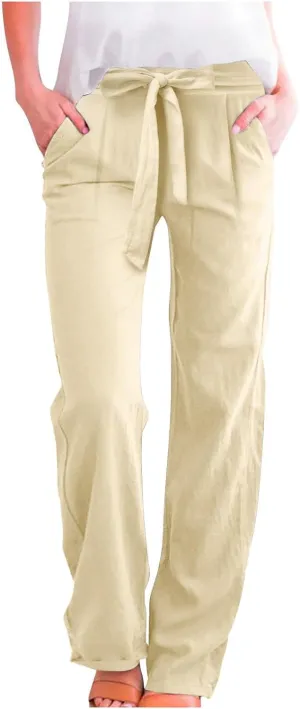Womens Linen Summer Striped Pant Trousers Elastic Waist Wide Leg Slim-Fit Palazzo Lounge Pants Trendy