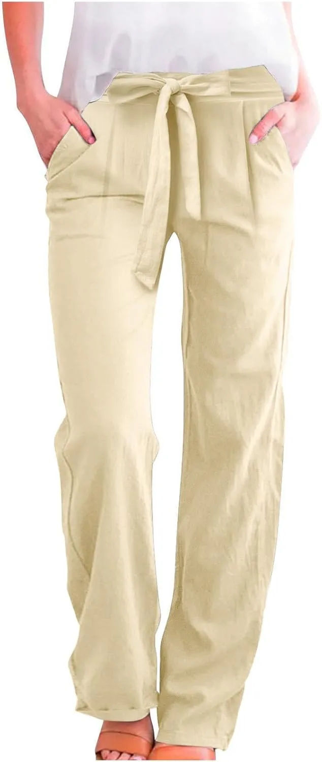 Womens Linen Summer Striped Pant Trousers Elastic Waist Wide Leg Slim-Fit Palazzo Lounge Pants Trendy