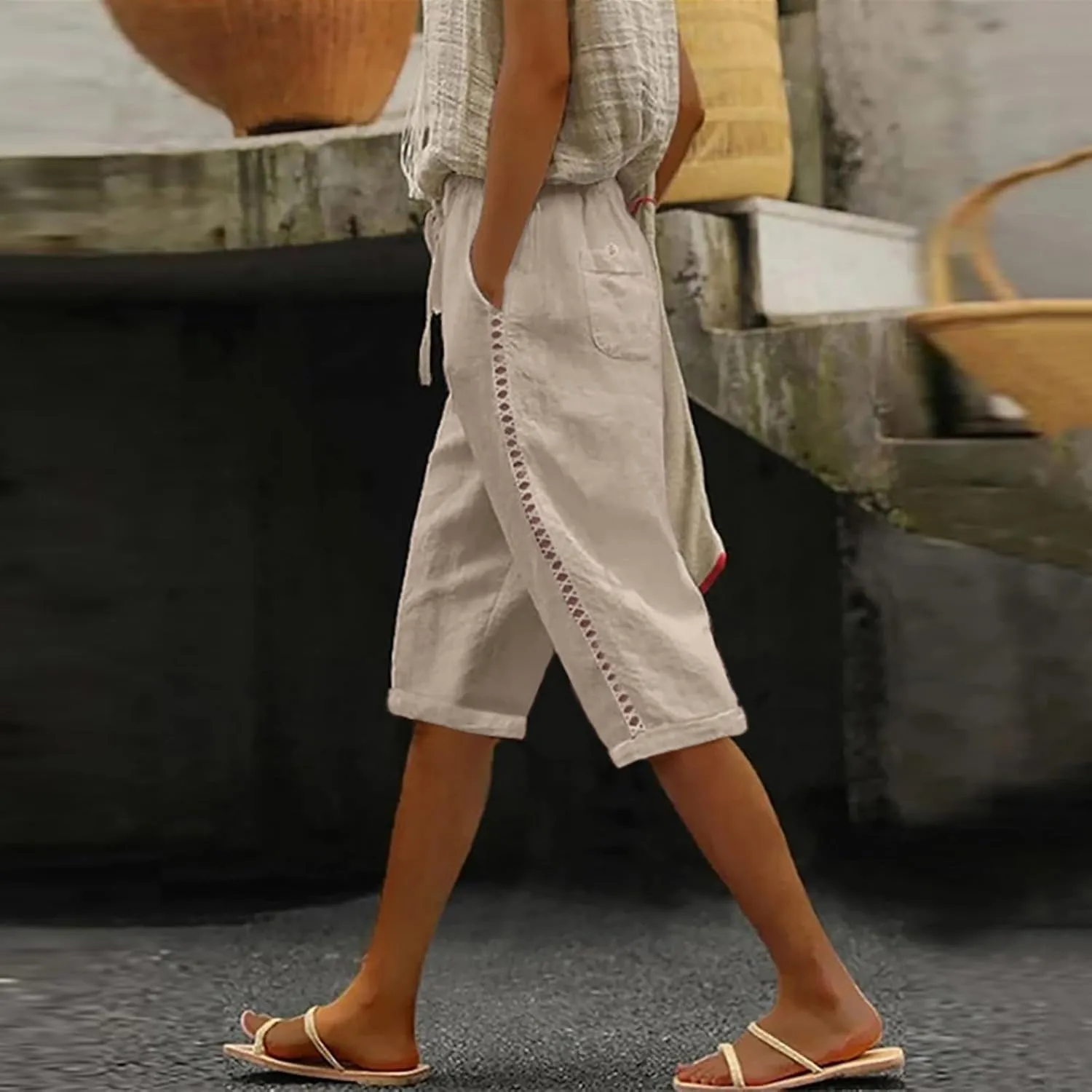 Women's Linen Summer Striped Pants Low Waist Bootcut Slim-Fit Palazzo Lounge Pants Work Business