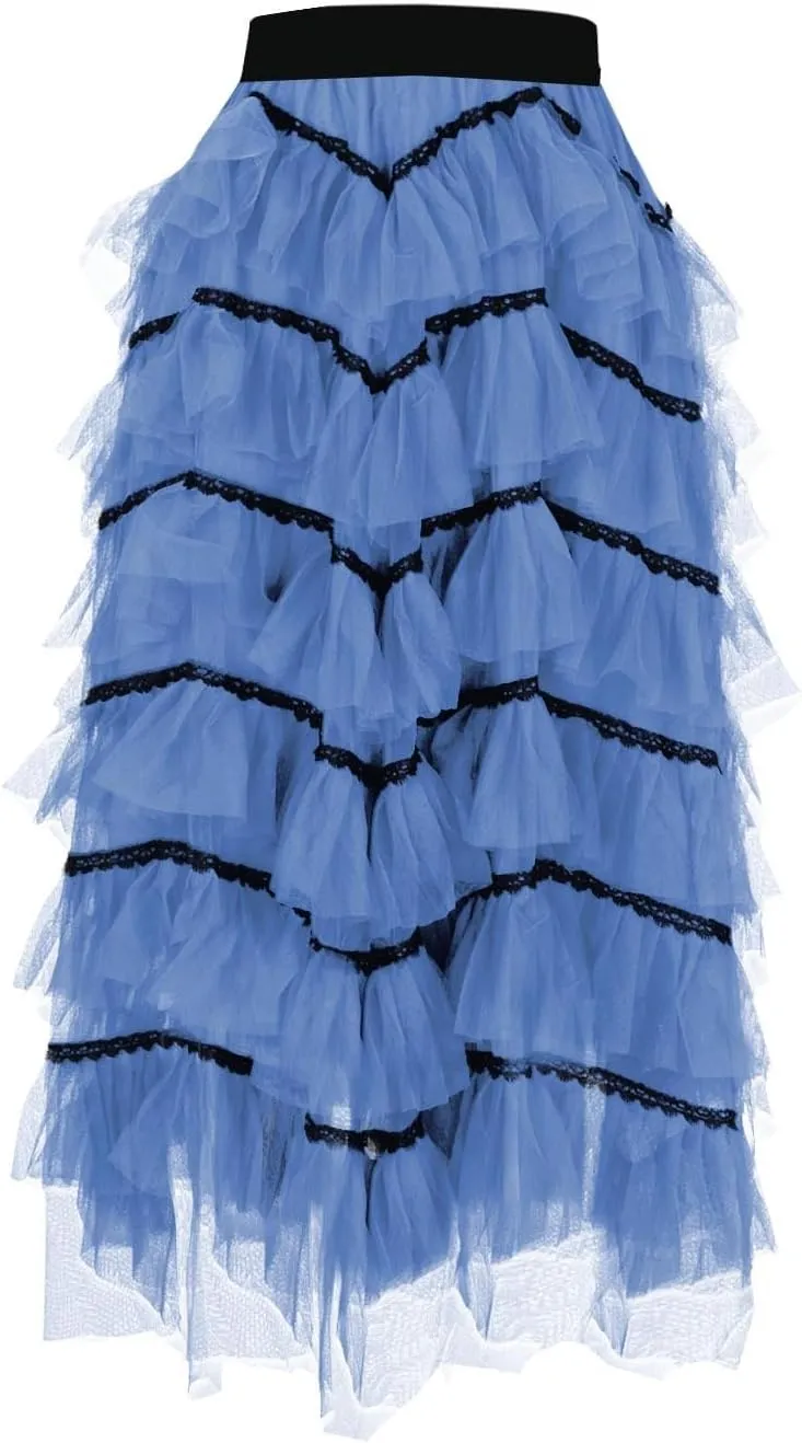 Womens Lolita Cake Skirts Layered Tulle Midi Skirt Elastic Waist Solid Color Mesh Prom Party Skirt