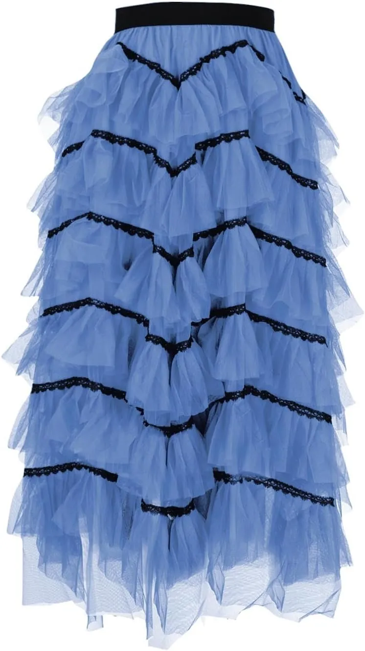 Womens Lolita Cake Skirts Layered Tulle Midi Skirt Elastic Waist Solid Color Mesh Prom Party Skirt