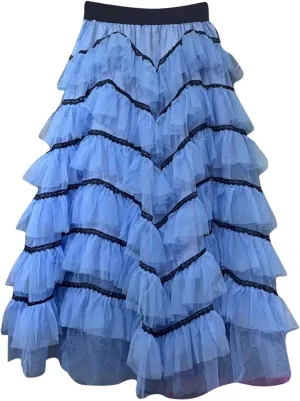 Womens Lolita Cake Skirts Layered Tulle Midi Skirt Elastic Waist Solid Color Mesh Prom Party Skirt
