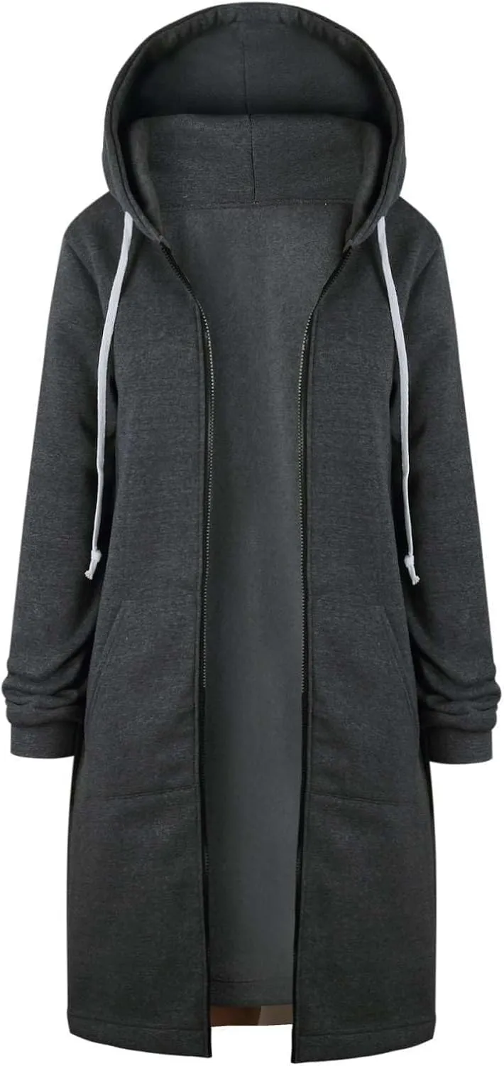 Women's Long Full Zip Hoodies Oversized Y2K Warm Sweatshirts Fleece Jacket Fashion Long Sleeve Clothes Pockets