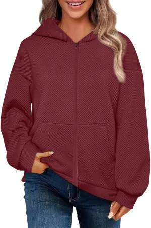 Womens Oversized Hoodie Jacket Fall Fashion 2024 Zip Up Long Sleeve Textured Hooded Sweatshirt Lightweight Jackets