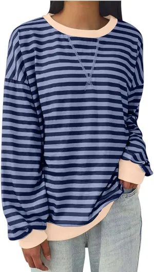Women's Oversized Sweatshirts 2024 Fall y2k Clothes Casual Striped Pullover Tops Long Sleeve Crewneck Shirts
