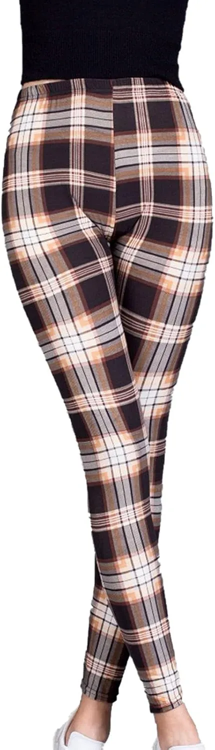 Womens Plaid Elastic High Waist Leggings Casual Skinny Slim Fit Pull On Pants Christmas Printed Stretch Trousers