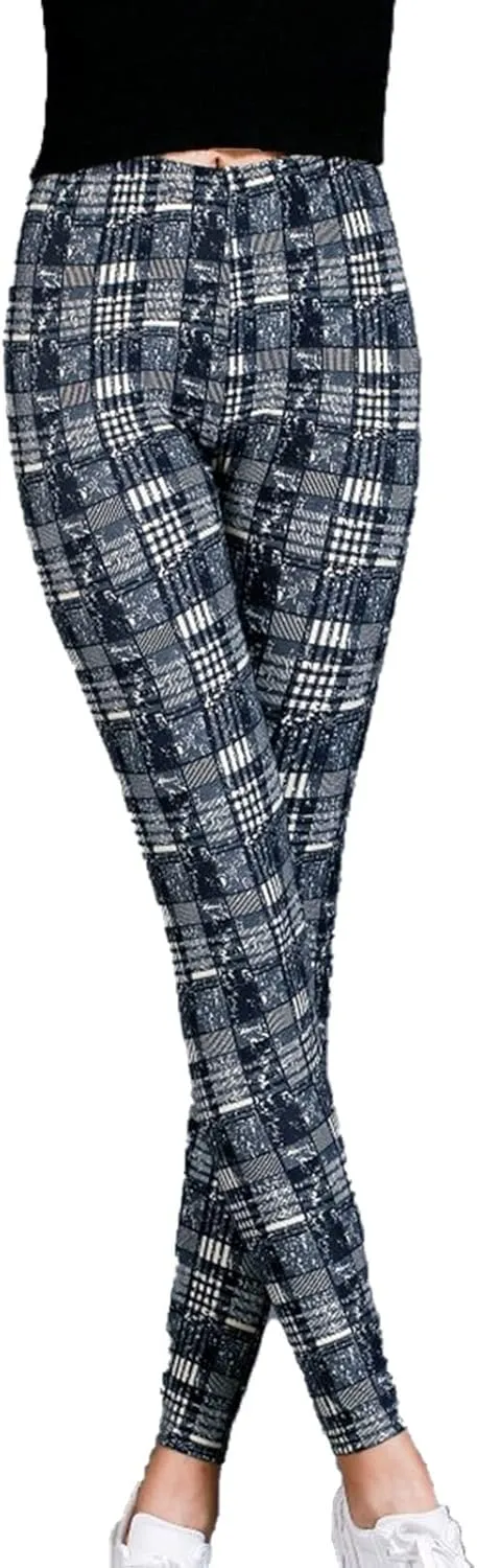 Womens Plaid Elastic High Waist Leggings Casual Skinny Slim Fit Pull On Pants Christmas Printed Stretch Trousers