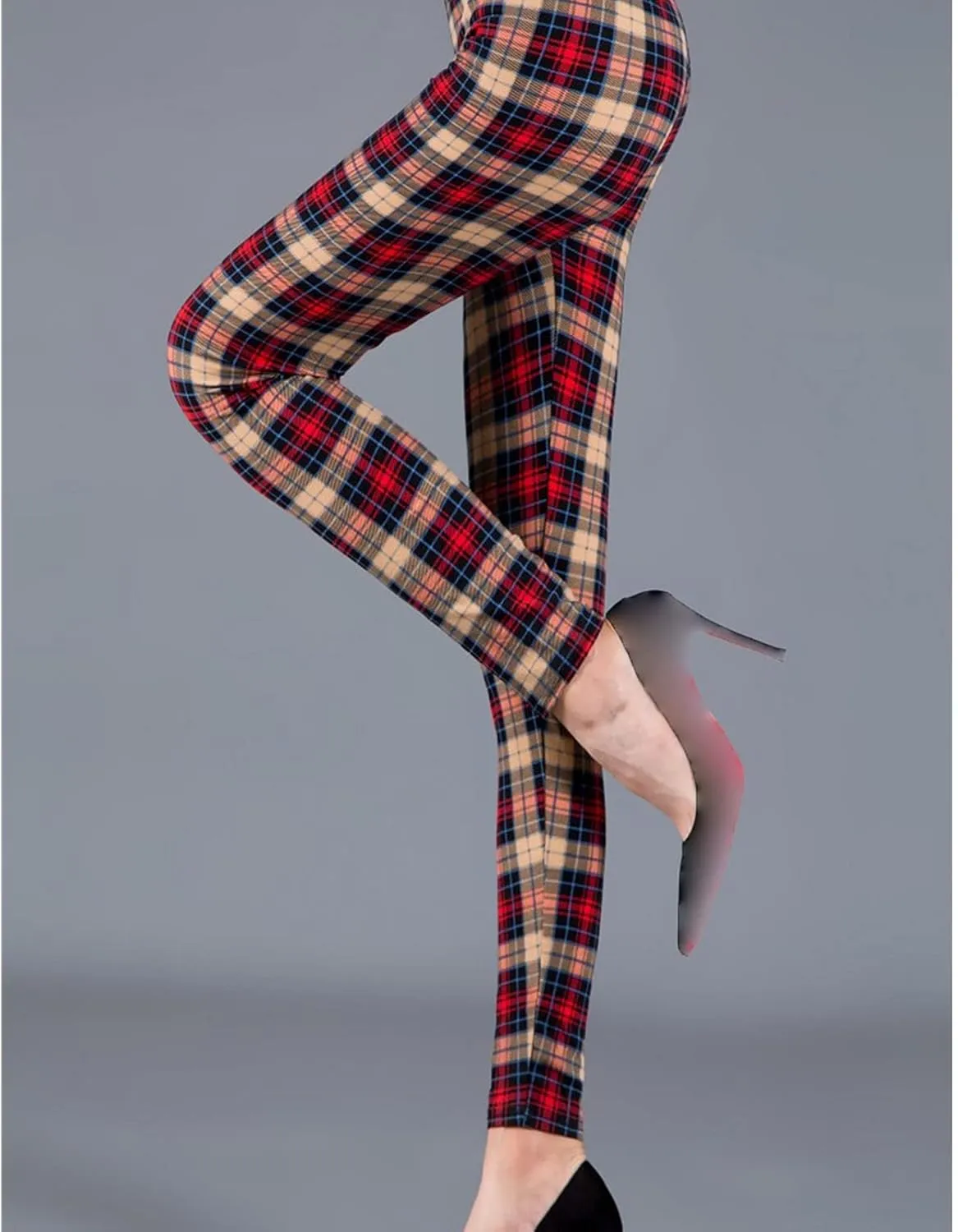 Womens Plaid Elastic High Waist Leggings Casual Skinny Slim Fit Pull On Pants Christmas Printed Stretch Trousers