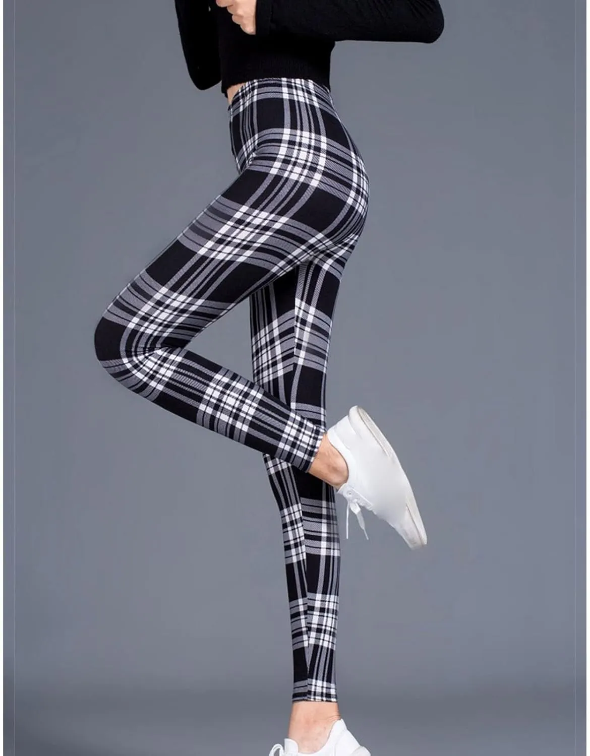Womens Plaid Elastic High Waist Leggings Casual Skinny Slim Fit Pull On Pants Christmas Printed Stretch Trousers