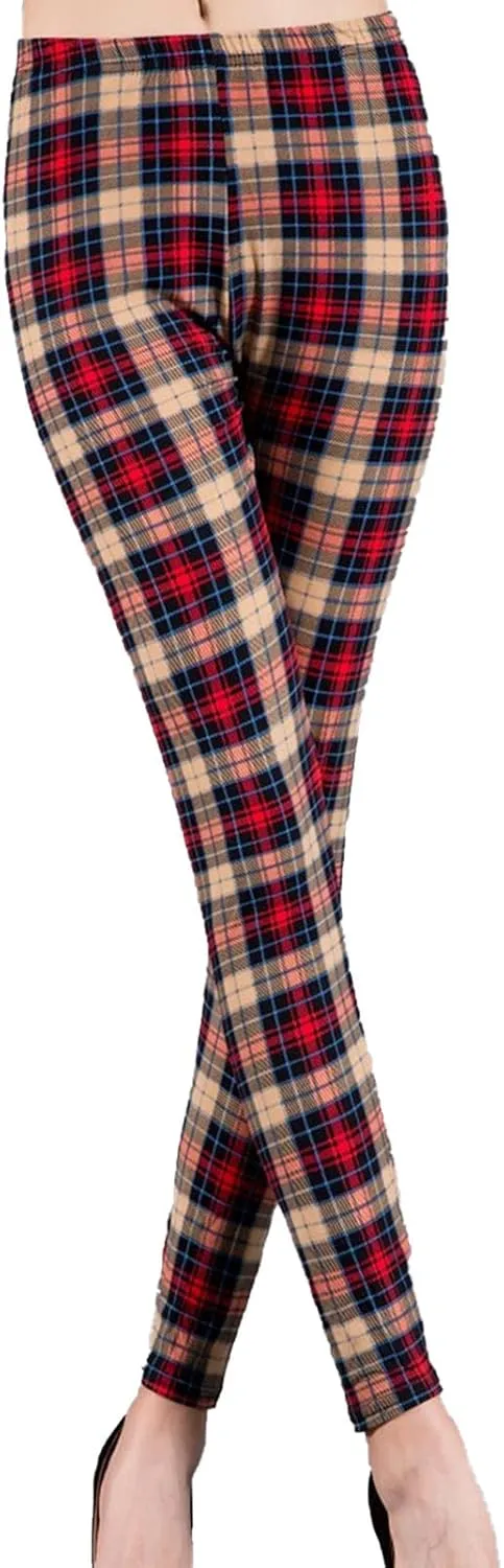 Womens Plaid Elastic High Waist Leggings Casual Skinny Slim Fit Pull On Pants Christmas Printed Stretch Trousers