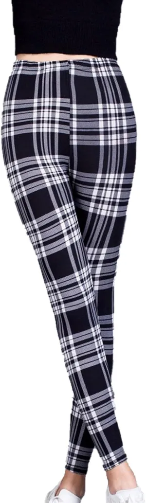 Womens Plaid Elastic High Waist Leggings Casual Skinny Slim Fit Pull On Pants Christmas Printed Stretch Trousers
