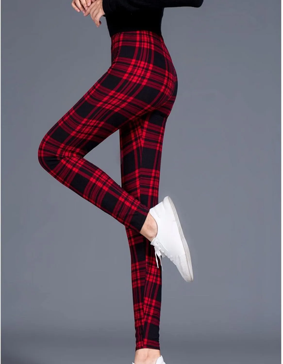 Womens Plaid Elastic High Waist Leggings Casual Skinny Slim Fit Pull On Pants Christmas Printed Stretch Trousers