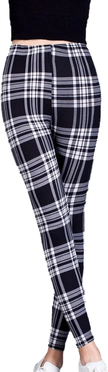 Womens Plaid Elastic High Waist Leggings Casual Skinny Slim Fit Pull On Pants Christmas Printed Stretch Trousers