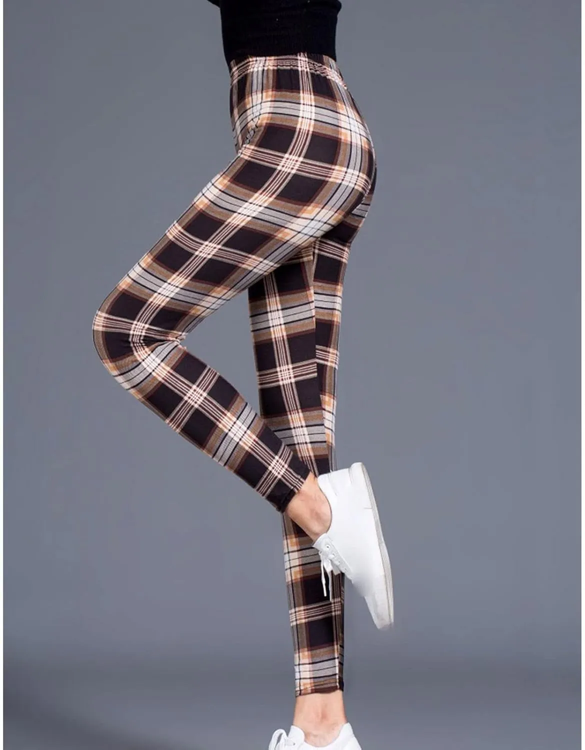 Womens Plaid Elastic High Waist Leggings Casual Skinny Slim Fit Pull On Pants Christmas Printed Stretch Trousers