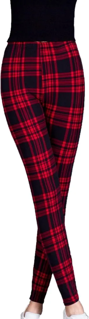 Womens Plaid Elastic High Waist Leggings Casual Skinny Slim Fit Pull On Pants Christmas Printed Stretch Trousers
