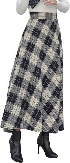 Womens Plaid Wool Skirts Elastic Waist A-Line Pleated Tartan Long Skirts Retro Swing Skirt Woolen Skirt Clothes