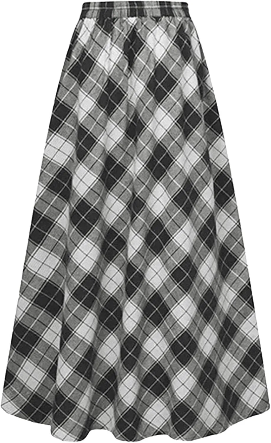 Womens Plaid Wool Skirts Elastic Waist A-Line Pleated Tartan Long Skirts Retro Swing Skirt Woolen Skirt Clothes