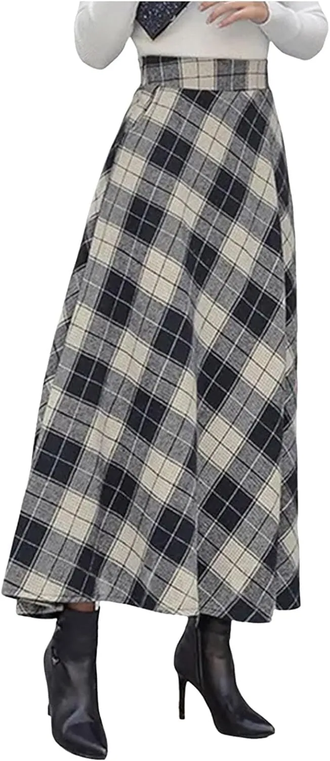 Womens Plaid Wool Skirts Elastic Waist A-Line Pleated Tartan Long Skirts Retro Swing Skirt Woolen Skirt Clothes