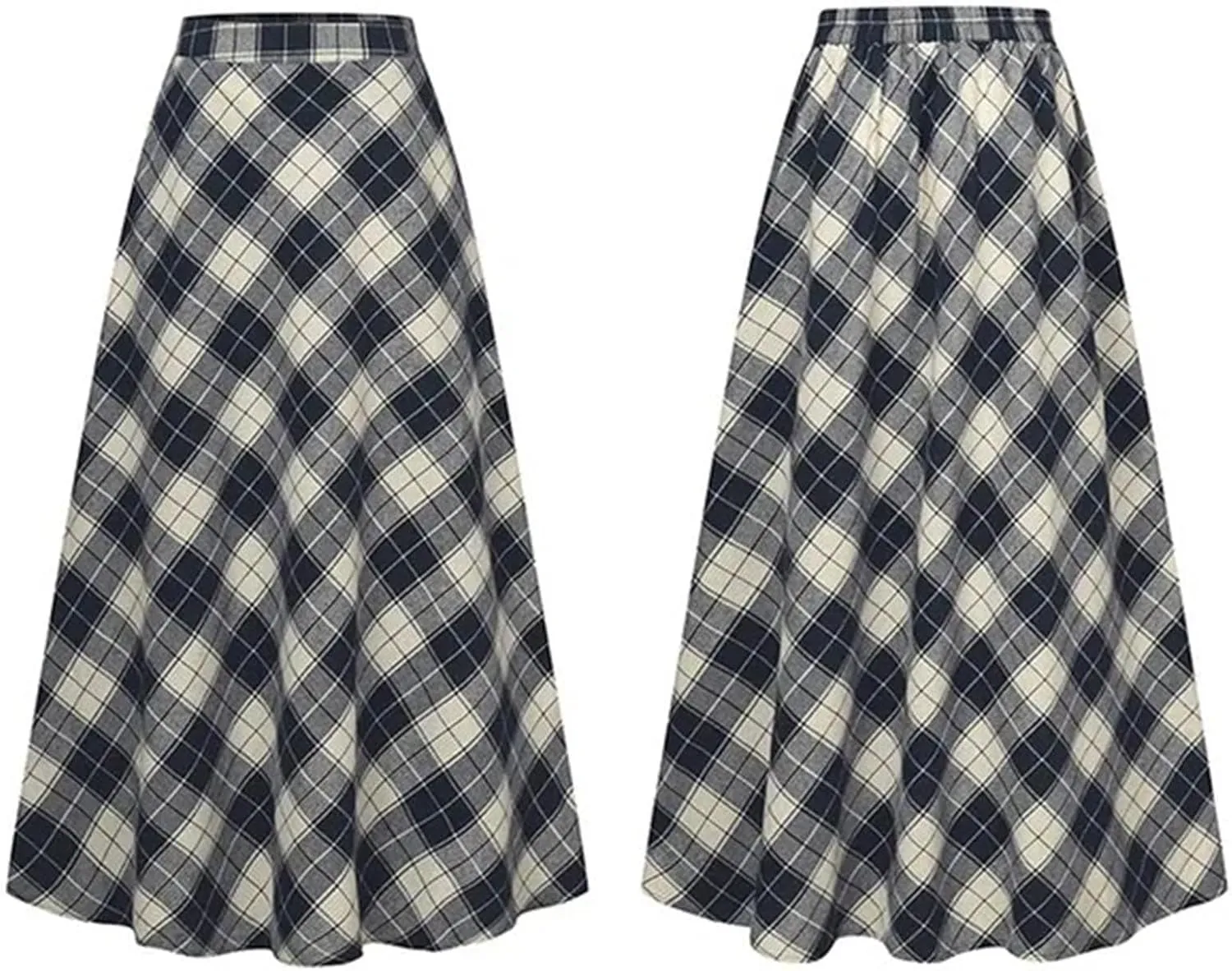 Womens Plaid Wool Skirts Elastic Waist A-Line Pleated Tartan Long Skirts Retro Swing Skirt Woolen Skirt Clothes