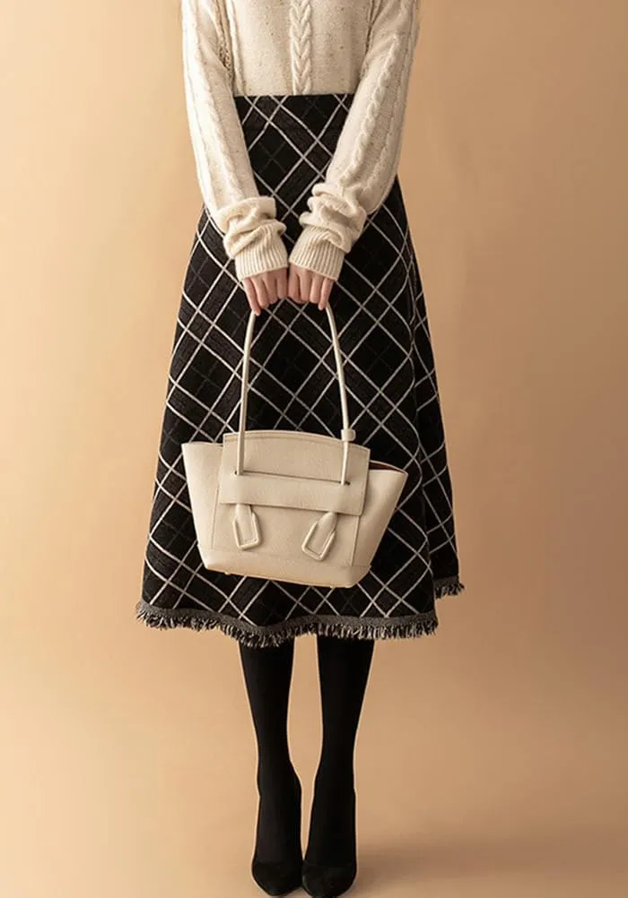 Womens Plaid Wool Skirts Fall Winter Elastic High Waist Tassel Hem A-Line Pleated Tartan Midi Long Skirts