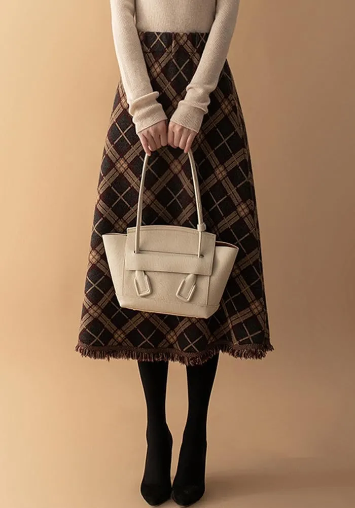 Womens Plaid Wool Skirts Fall Winter Elastic High Waist Tassel Hem A-Line Pleated Tartan Midi Long Skirts