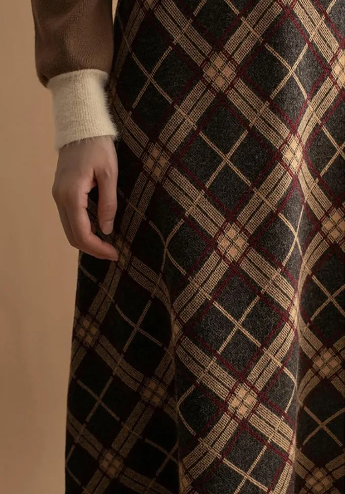 Womens Plaid Wool Skirts Fall Winter Elastic High Waist Tassel Hem A-Line Pleated Tartan Midi Long Skirts