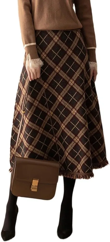Womens Plaid Wool Skirts Fall Winter Elastic High Waist Tassel Hem A-Line Pleated Tartan Midi Long Skirts