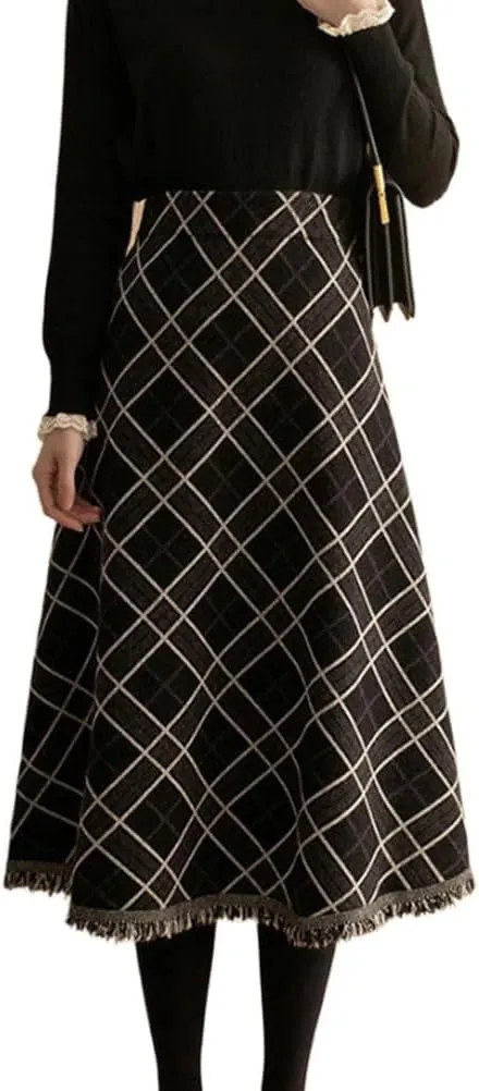 Womens Plaid Wool Skirts Fall Winter Elastic High Waist Tassel Hem A-Line Pleated Tartan Midi Long Skirts