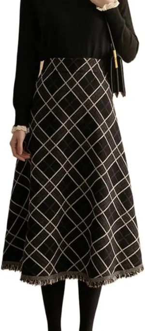 Womens Plaid Wool Skirts Fall Winter Elastic High Waist Tassel Hem A-Line Pleated Tartan Midi Long Skirts